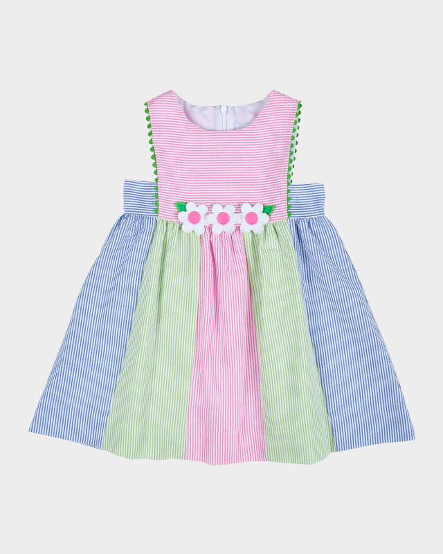 Girl's Striped Seersucker Dress W/ Flowers, Size 2-6